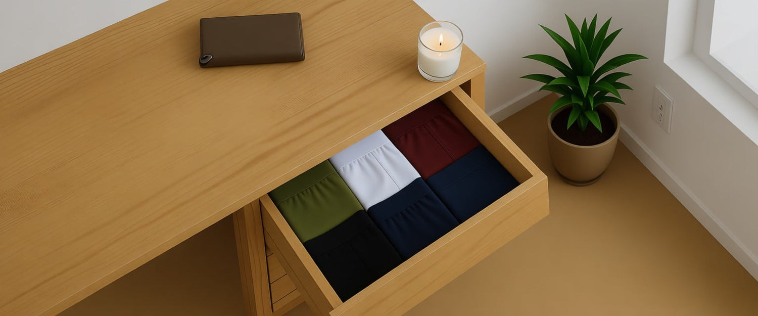 Drawer of folded ALPHX men's underwear