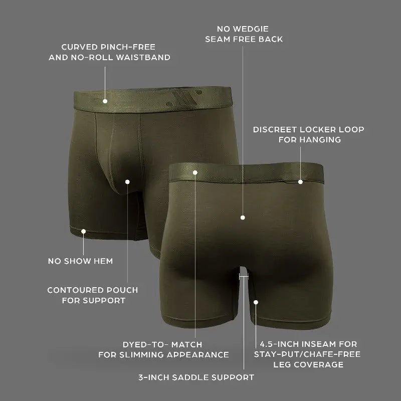 Front and back view of ALPHX boxer briefs in olive green highlighting design features: no-roll waistband, contoured pouch, no-show hem, no-wedgie seam-free back, 3-inch saddle support, 4.5-inch inseam, and discreet locker loop.