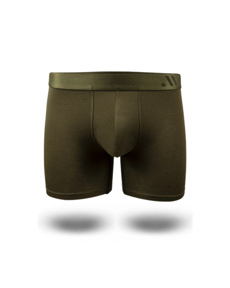 Olive green boxer briefs on a white background