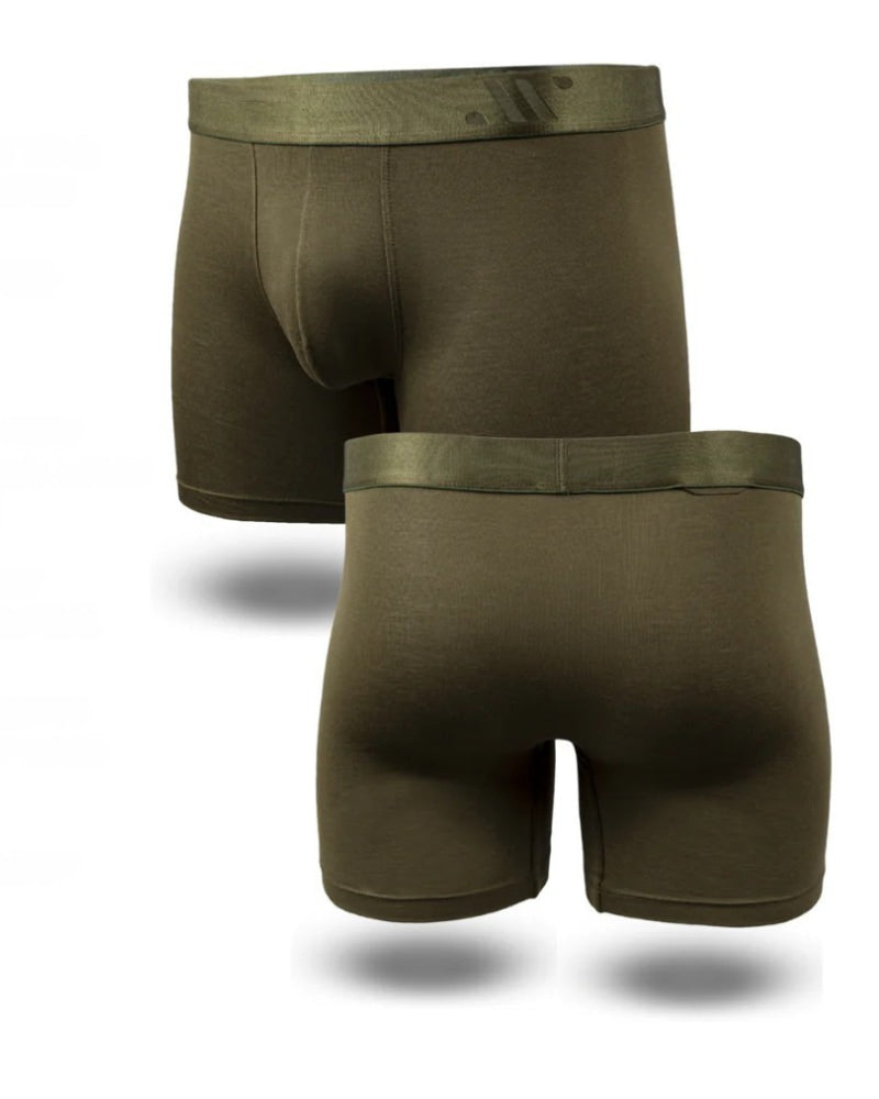 Two pairs of olive green boxer briefs on a white background
