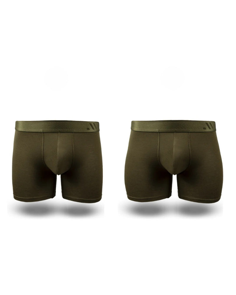 Two pairs of olive green ALPHX boxer briefs on a white background
