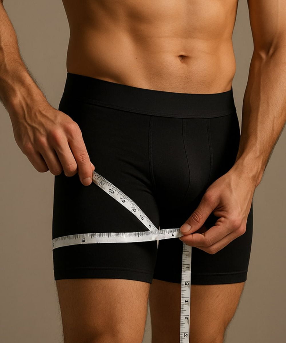 Person wearing black boxer briefs with a measuring tape around the waist on a neutral background