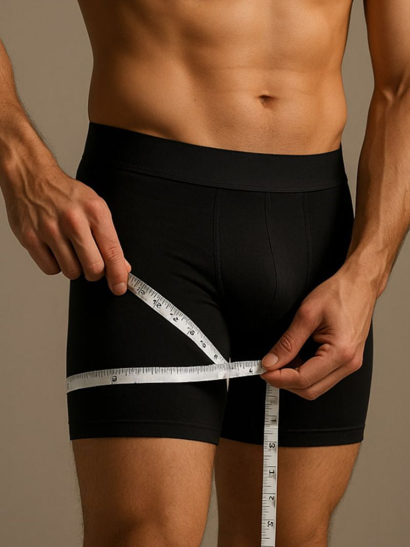 Person wearing black boxer briefs with a measuring tape around the waist on a neutral background
