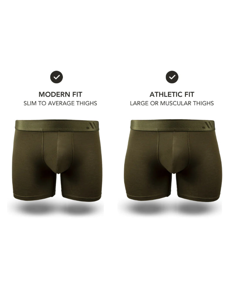 Two pairs of olive green boxer briefs labeled 'Modern Fit' and 'Athletic Fit' on a white background.