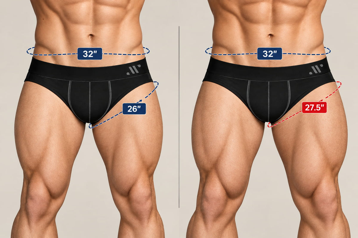 Two examples of ALPHX Briefs in size M on the same waist, with a dashed line marking where to measure your thigh.