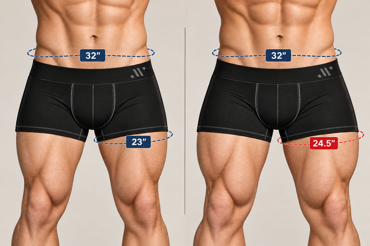 Side by side comparison of ALPHX Trunks in size M on the same waist. On the left, Modern Fit with a standard leg opening. On the right, Athletic Fit with a roomier leg opening. A dashed line marks where to measure your thigh.