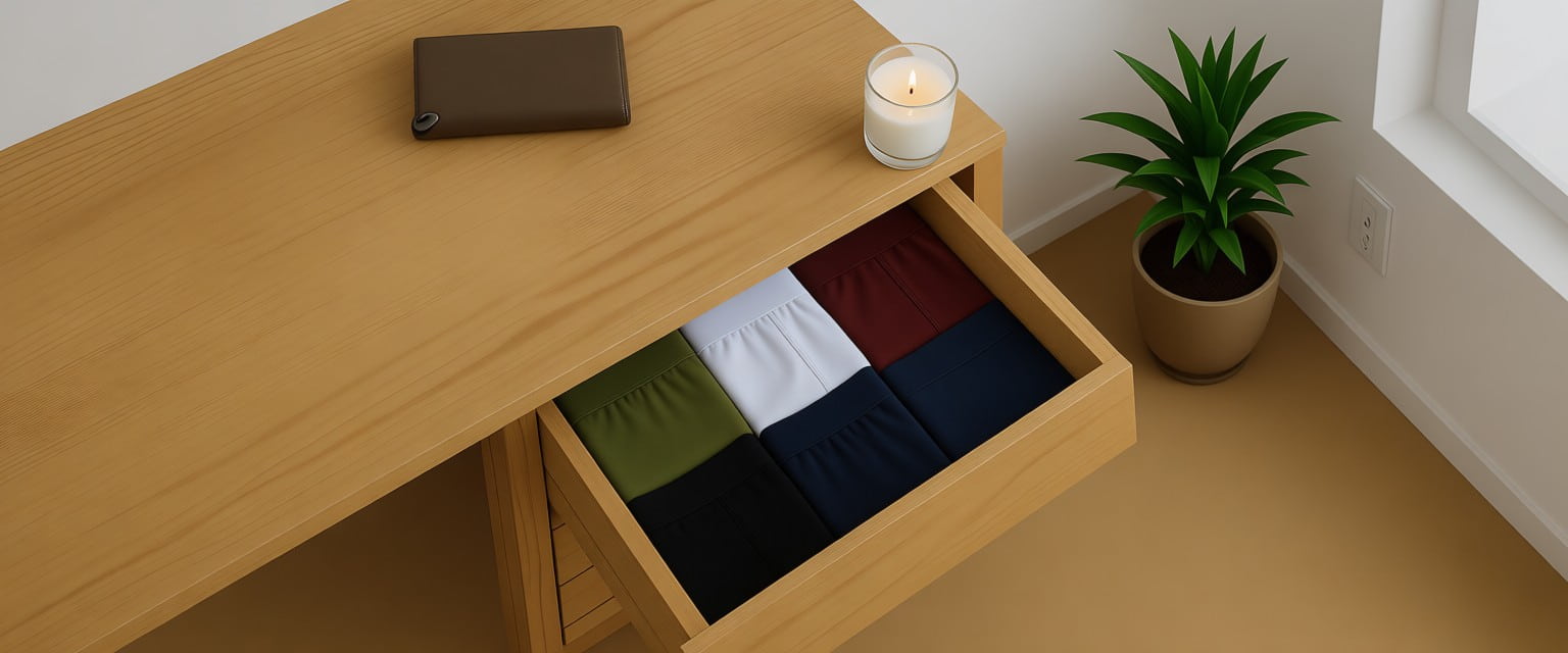 Drawer of folded ALPHX men's underwear