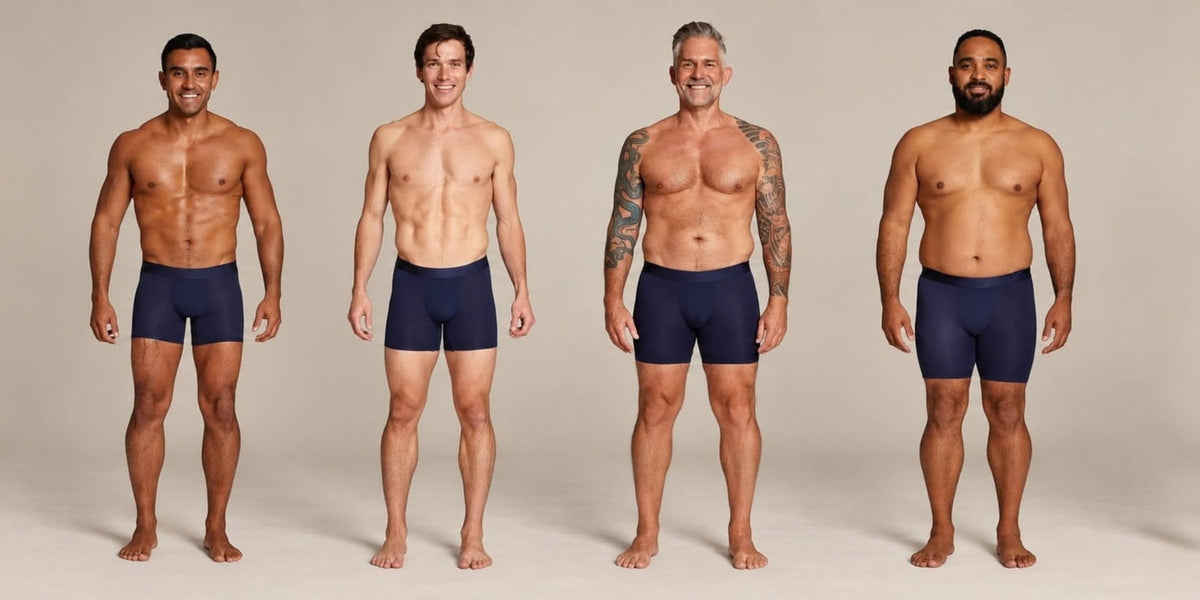 Four men standing side by side wearing ALPHX Athletic Fit Boxer Briefs, one for each size from S to XL, showing how each waist size fits different body types