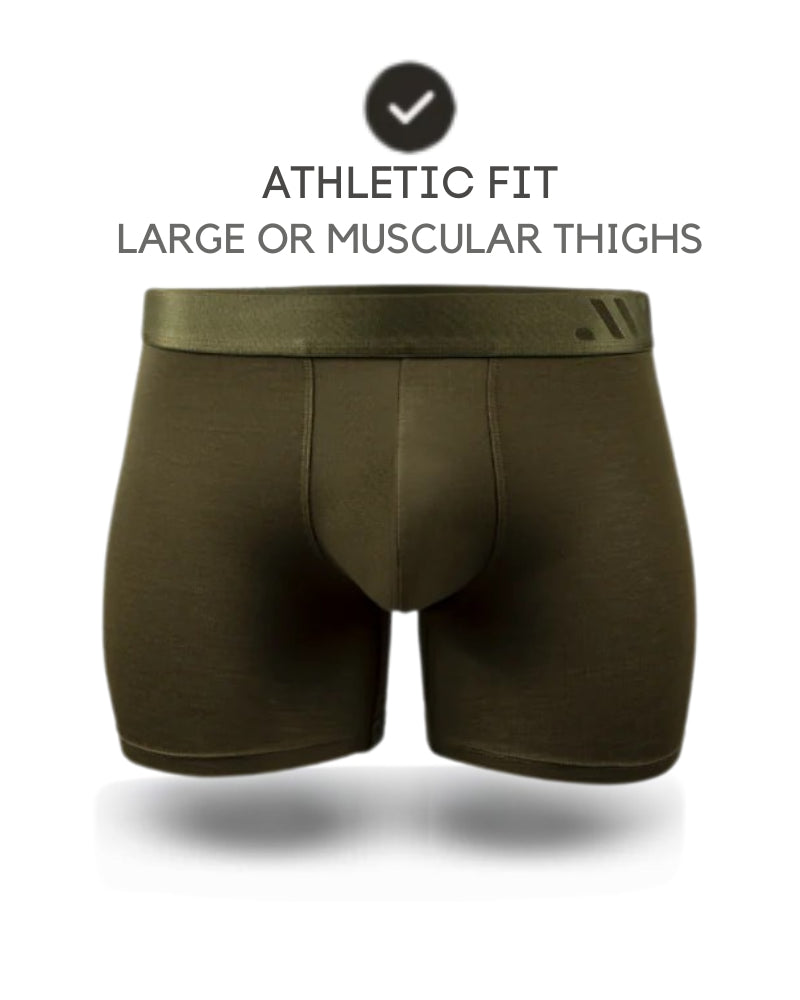 ALPHX Athletic Fit boxer briefs in olive green, featuring a wider leg opening for muscular or fuller thighs. Shown from front with supportive contour