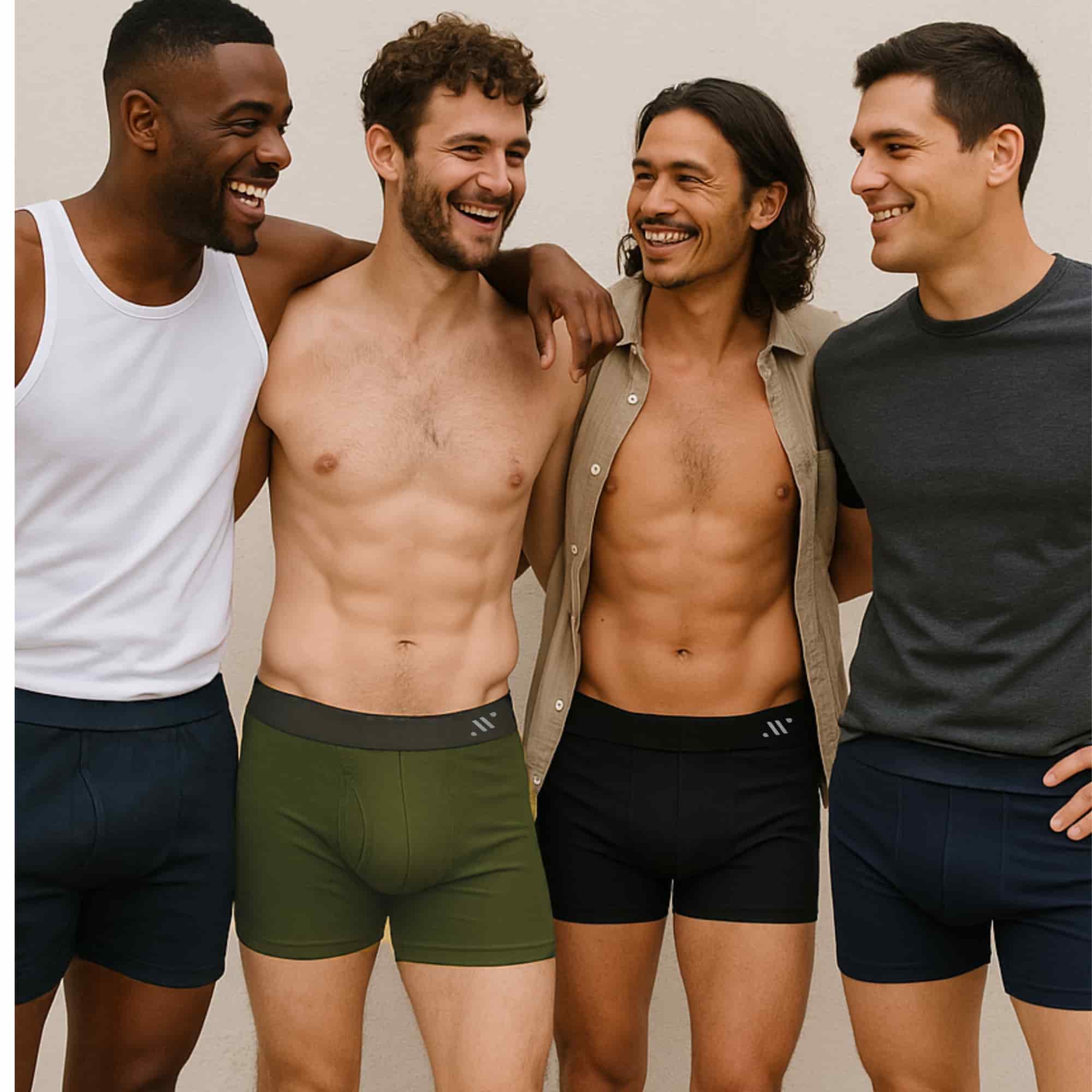Four Men smiling wearing ALPHX boxer briefs in navy and moss green, and trunk in black