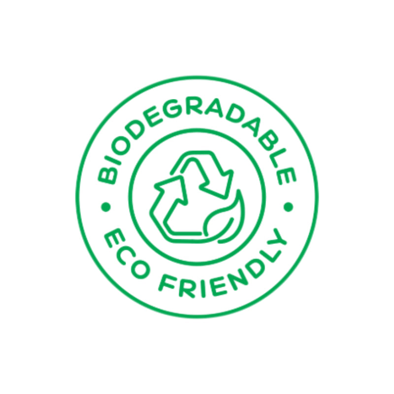 Green eco-friendly logo with recycling arrows and leaf inside circular badge reading biodegradable and eco-friendly.