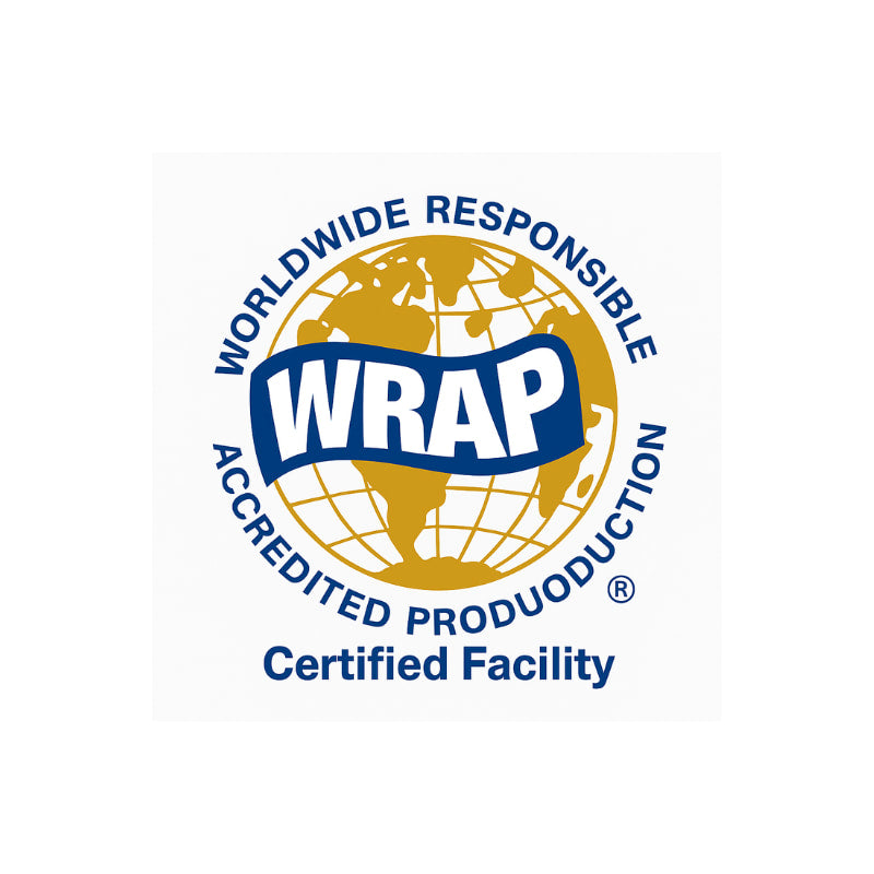 WRAP Certified logo with golden globe and blue WRAP text representing ethical manufacturing accreditation