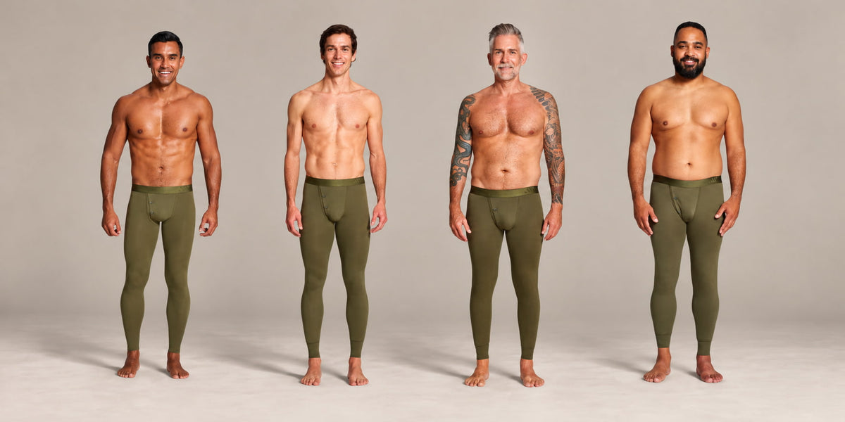 Four men standing side by side wearing ALPHX Athletic Fit Union Pants, one for each size from S to XL, showing how each waist size fits different body types