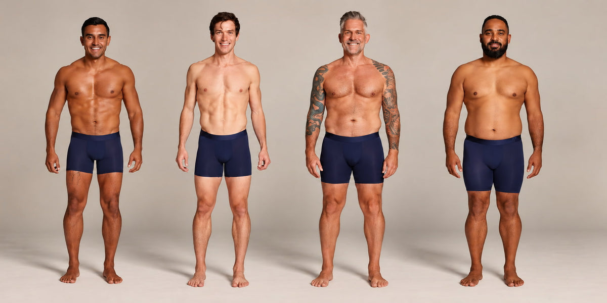 Four men standing side by side wearing ALPHX Athletic Fit Boxer Briefs, one for each size from S to XL, showing how each waist size fits different body types