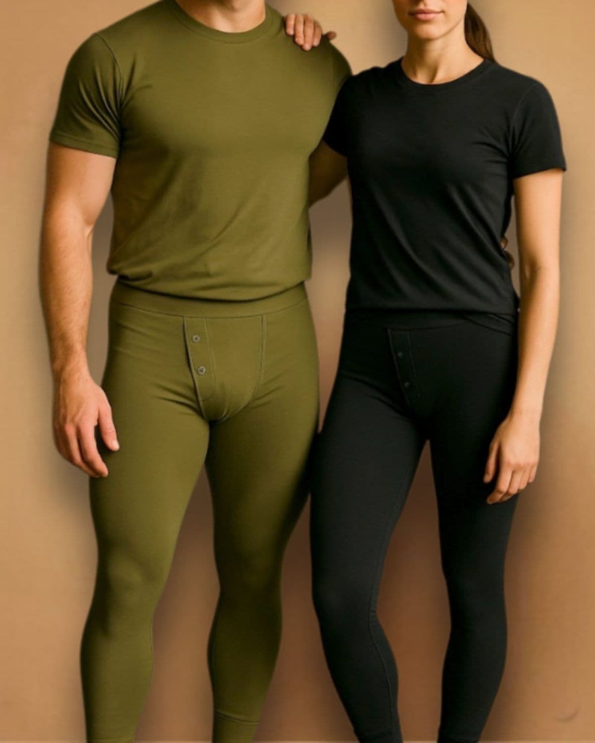 Two people wearing green and black thermal underwear against a beige background