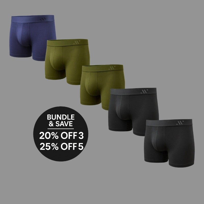 Set of men's underwear in blue, green, and black with promotional text on a gray background.