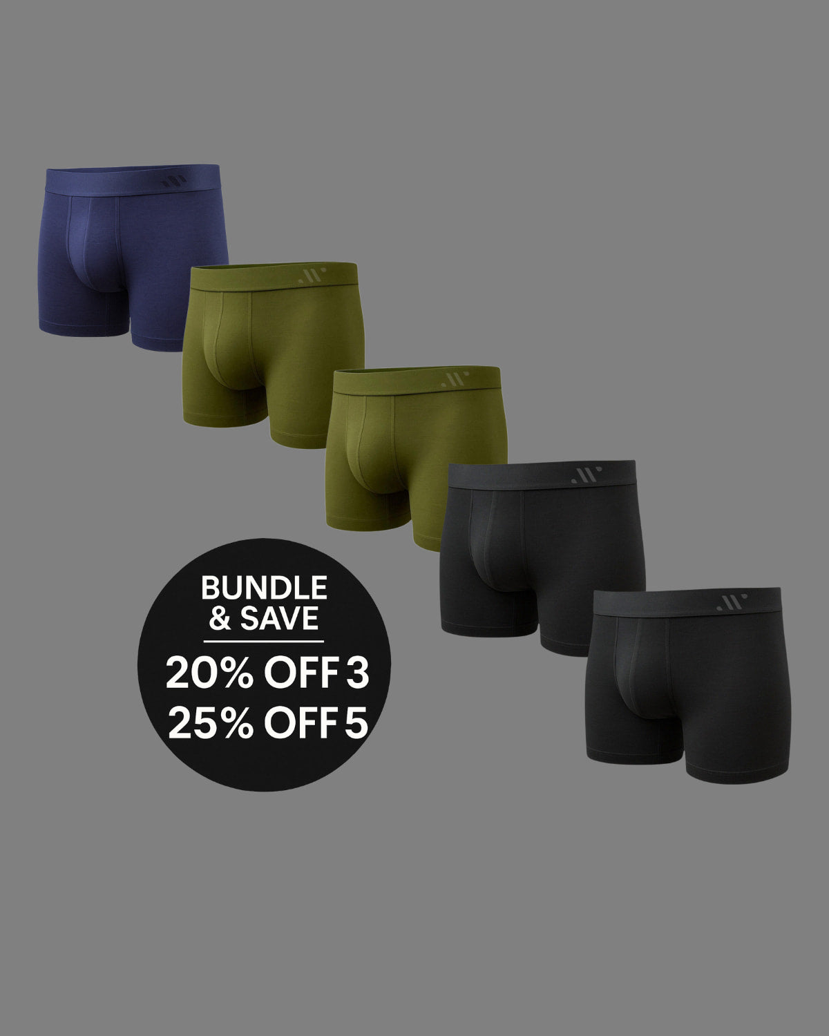 Set of men's underwear in blue, green, and black with promotional text on a gray background