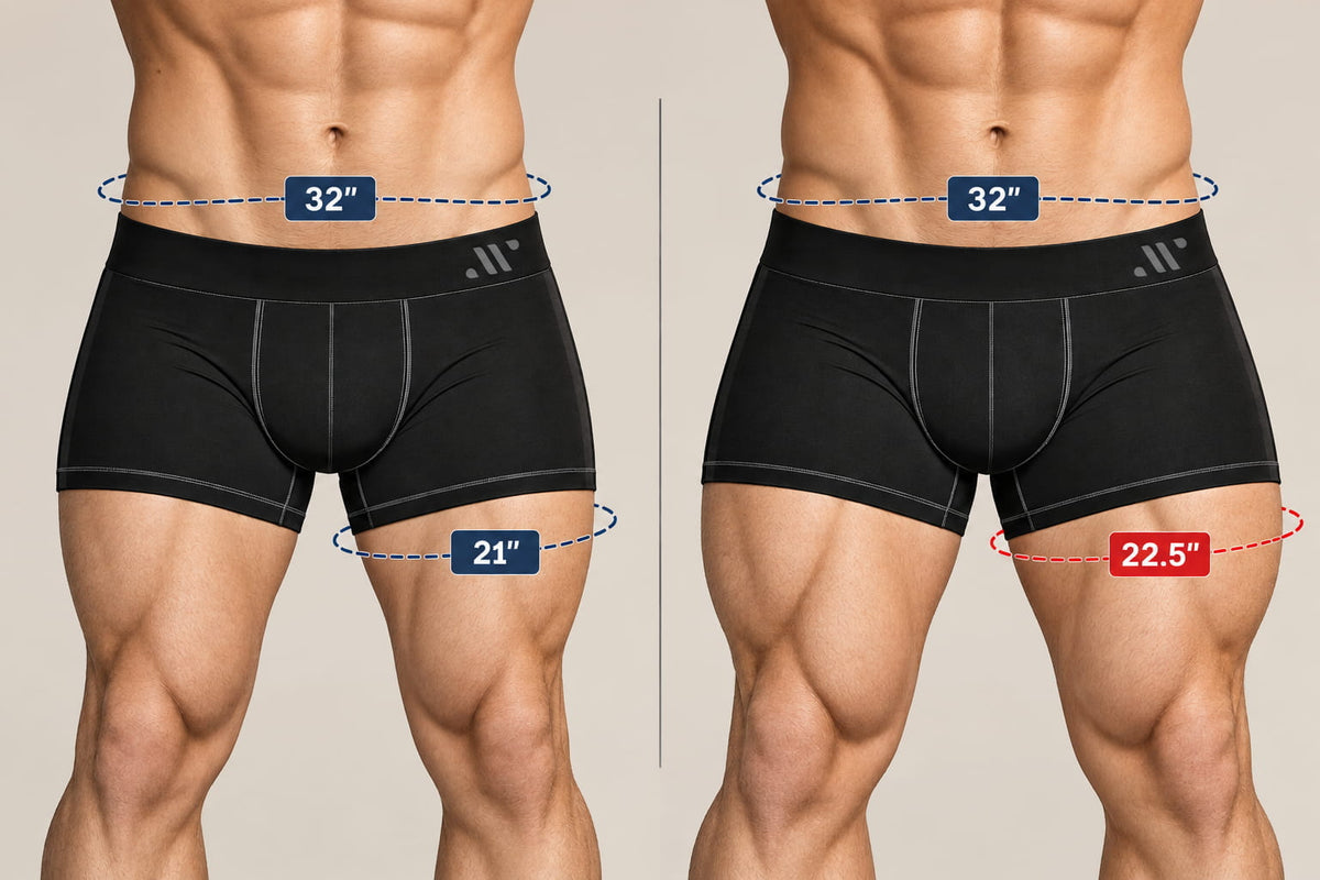 Side by side comparison of ALPHX Boxer Briefs in size M on the same waist. On the left, Modern Fit with a standard leg opening. On the right, Athletic Fit with a roomier leg opening. A dashed line marks where to measure your thigh.