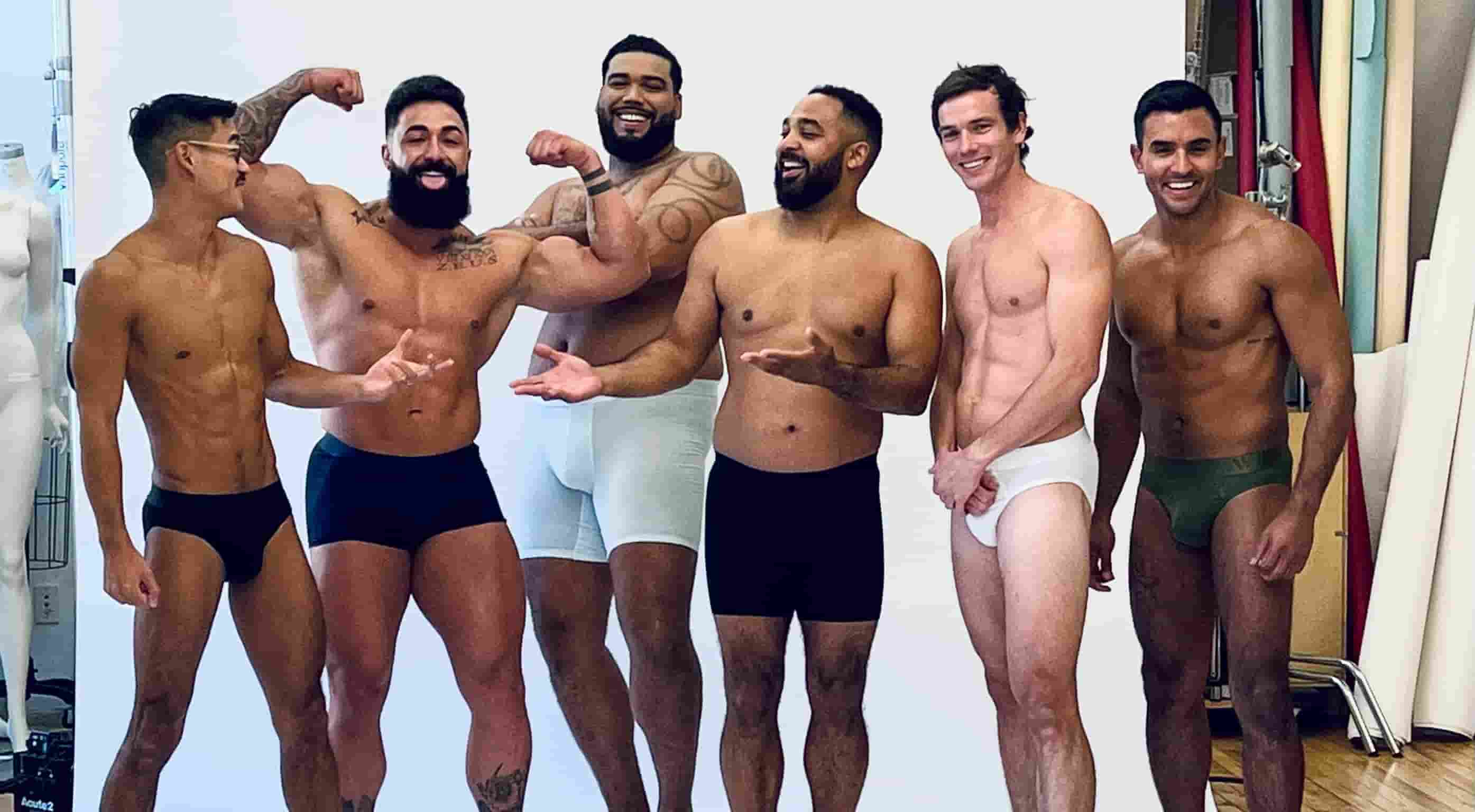 Six men modeling ALPHX briefs and boxer briefs in black, white, and moss green. Designed for comfort and muscular thighs.