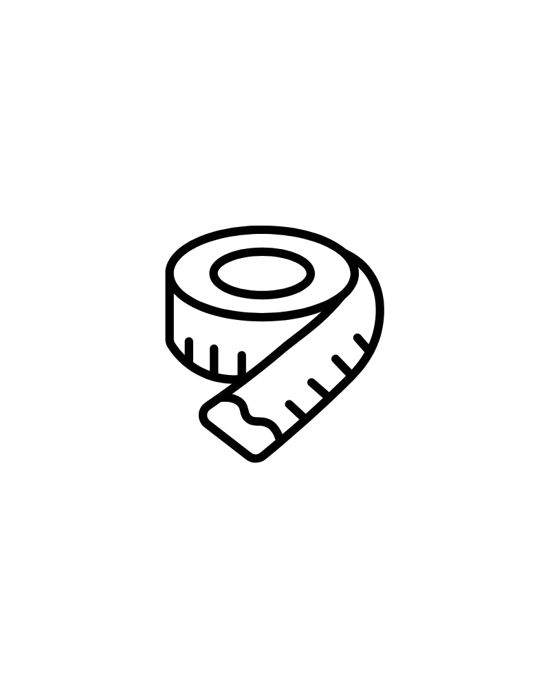 Black line drawing of a measuring tape on a white background