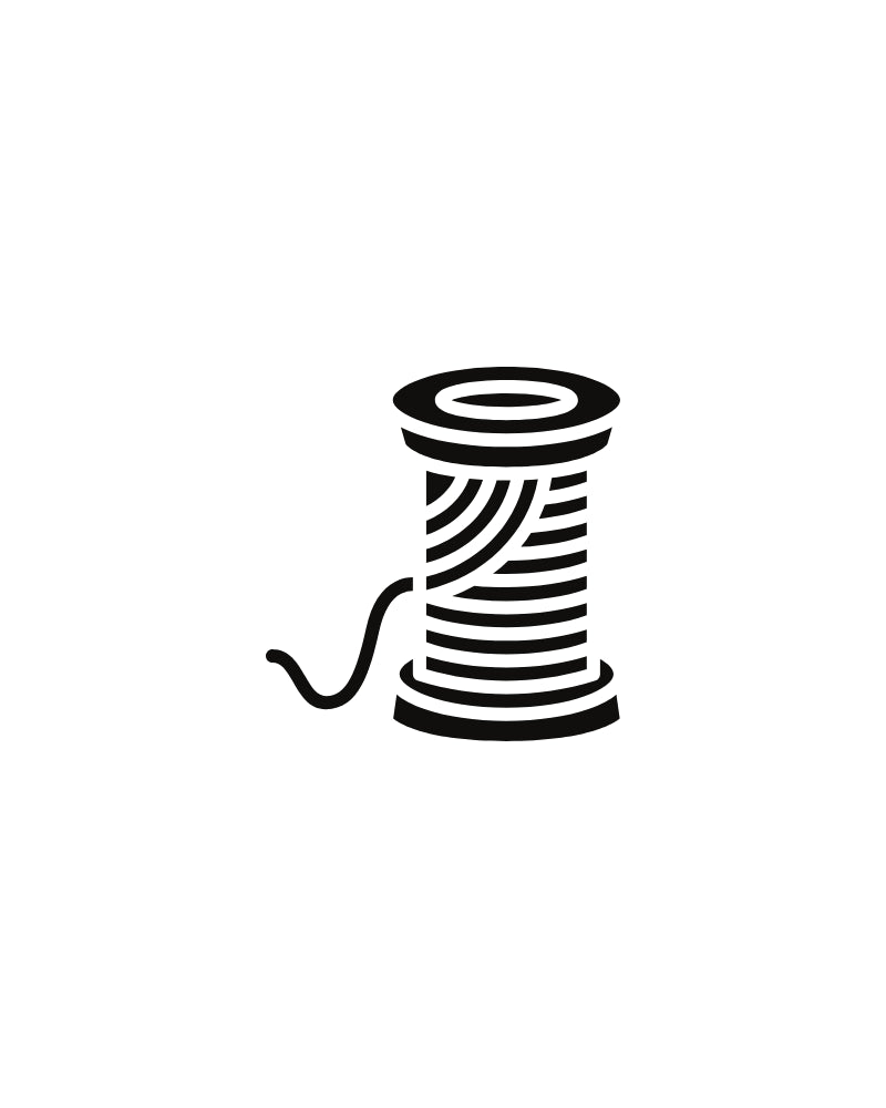 Black icon of a spool of thread on a white background