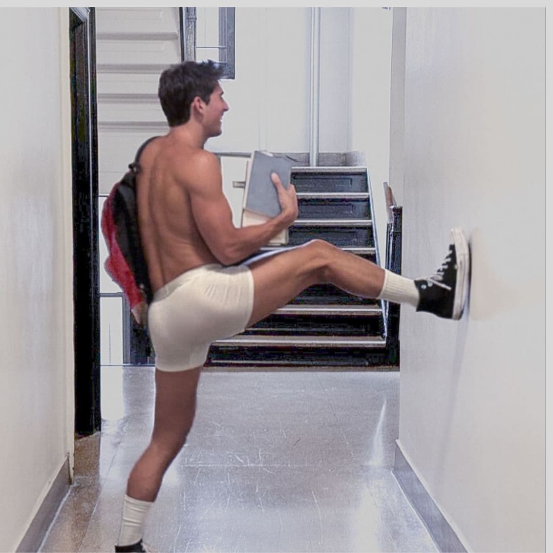 Man wearing ALPHX boxer briefs in Frost White, holding books and stretching in a hallway—designed for unrestricted movement and breathable comfort on the go.