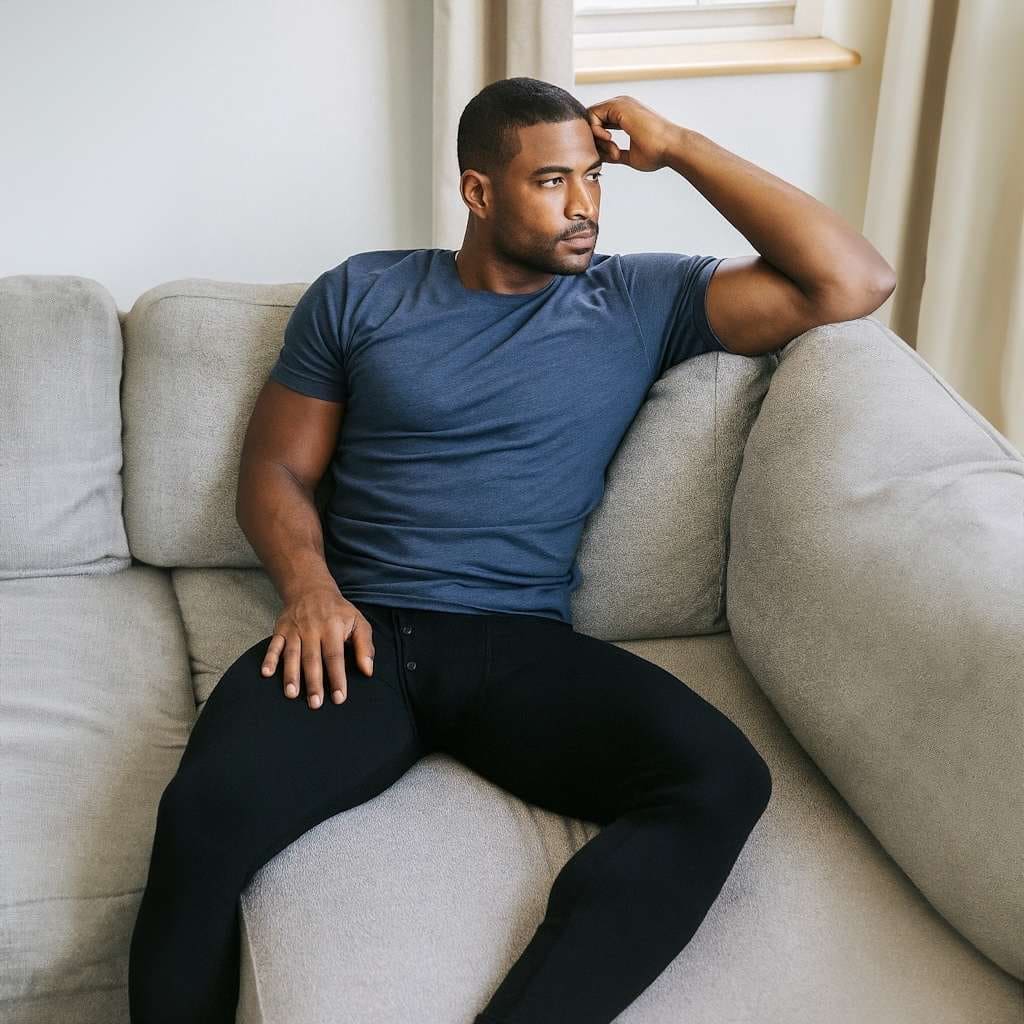 Man lounging on a gray couch wearing ALPHX Union Pants in Midnight Black and a fitted tee—soft, flexible loungewear made for comfort and ease.