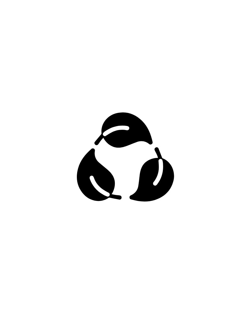 Black and white icon of three leaves representing sustainability on a white background